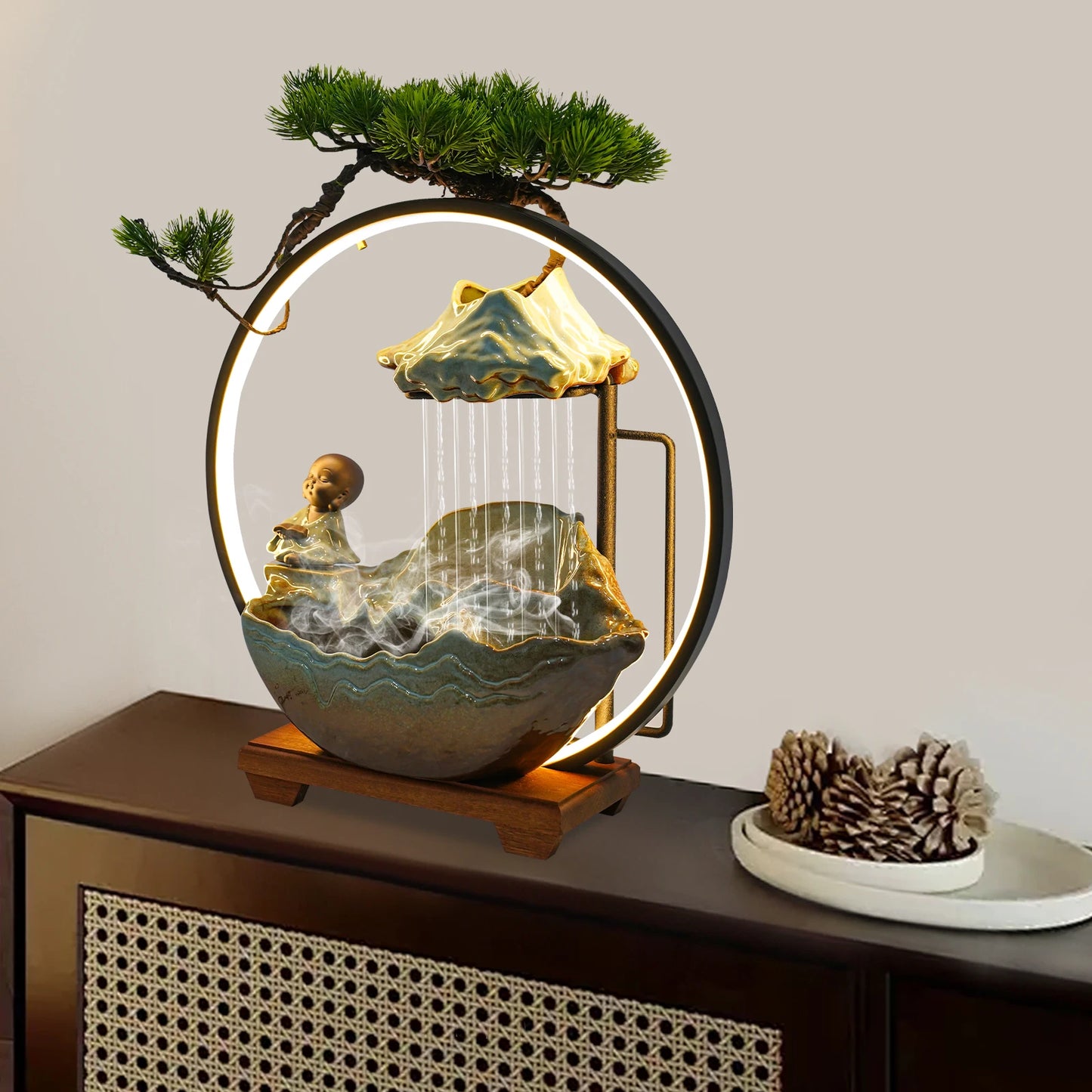 Modern Ceramic and Wood Tabletop Water Fountain for Zen