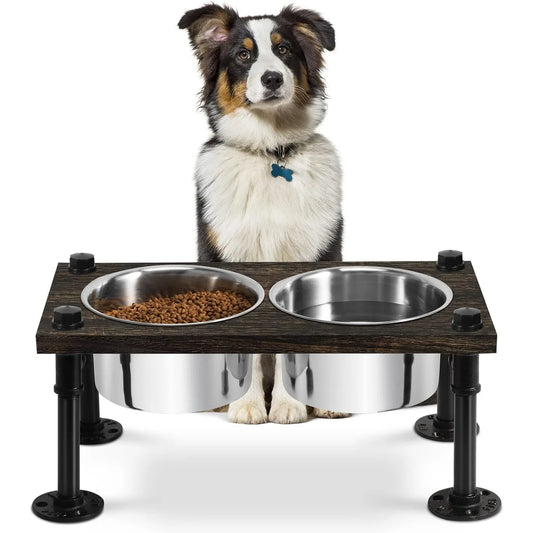 Raised Dog Bowl Stand with Rustic Design and Stainless Bowls