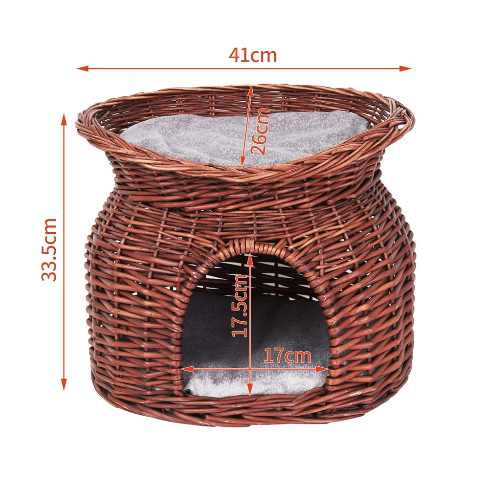 2-Tier Rattan Wicker Elevated Cat House with Soft Cushion